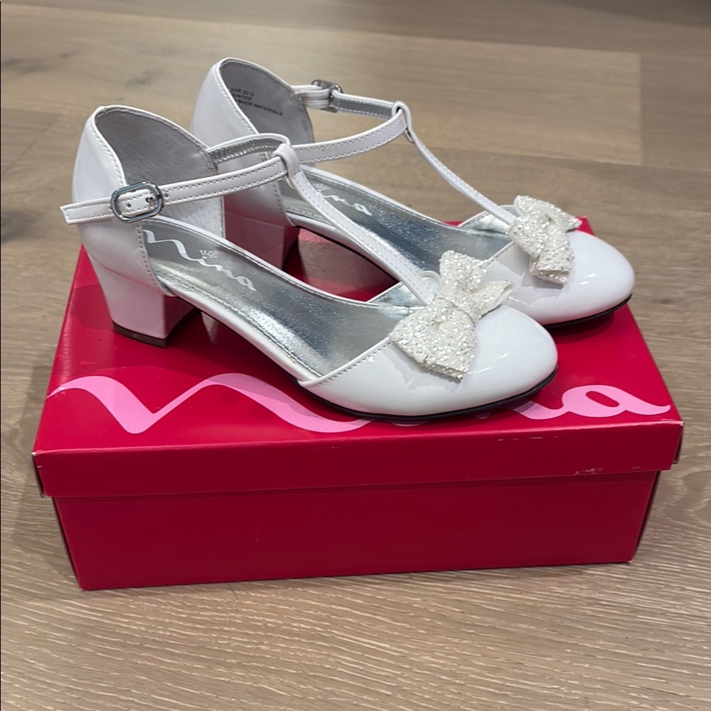 Nina White T-Strap Heels with Sparkling Bow